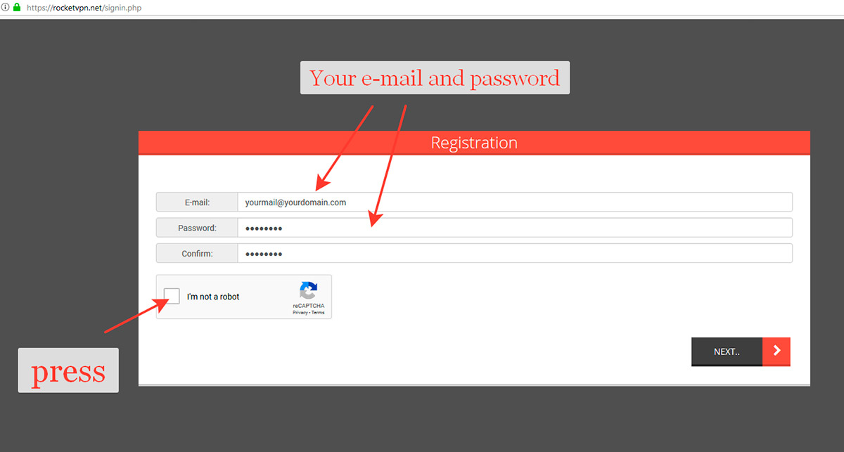 Registration on RocketVPN Registration on RocketVPN